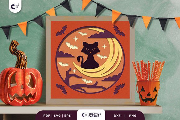 Black Cat in Crescent Moon 3D SVG for Halloween