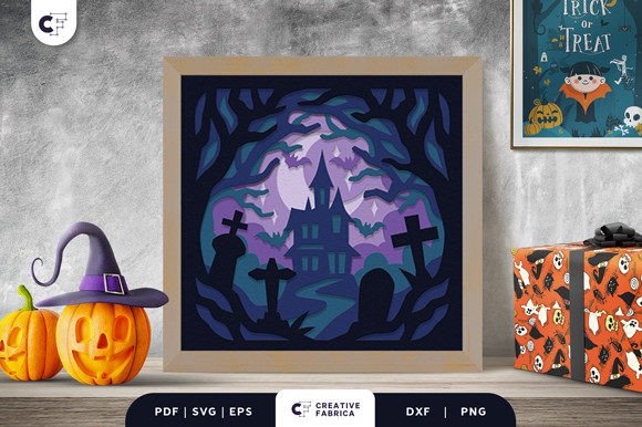 Haunted Castle in the Forest Shadow Box: A 3D SVG Halloween Asset