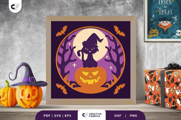 Witch Cat on a Pumpkin 3D SVG for Halloween Shops
